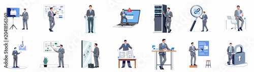 Set of professional businessman character illustrations depicting cybersecurity, data protection, corporate strategy, office work, and business presentations in various modern scenarios.