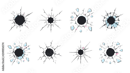Photos Set of cracked bullet hole and shattered glass vector elements