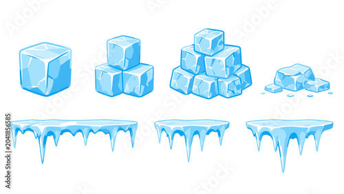 Valokuva Cartoon ice cubes and icicle borders set on white background