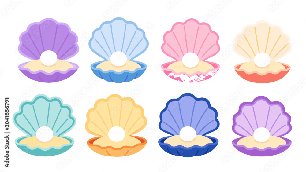 Fototapeta premium Set of colorful pearl shell icons on white background