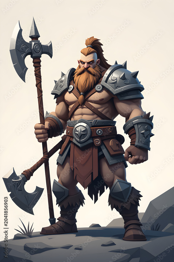 Fototapeta premium Muscular Viking Warrior with Double Axe on Rocky Terrain