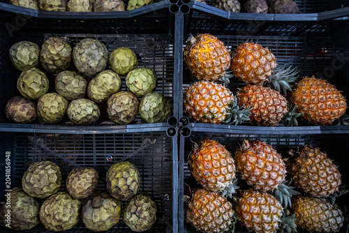 Row of Fresh Azorean Pineapples Displayed on Wooden Market Counter, Tropical Fruit Harvest from São Miguel Island