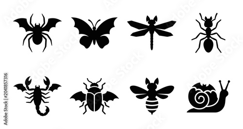 Quadro su tela Insect Icons Collection: Spider, Butterfly, Dragonfly, Ant, Scorpion, Beetle, Be