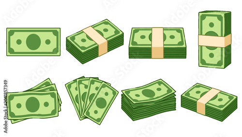 Quadro su tela Cartoon green money bills and cash stacks set