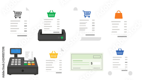 Fotografie Shopping receipt and payment icons collection in flat vector style