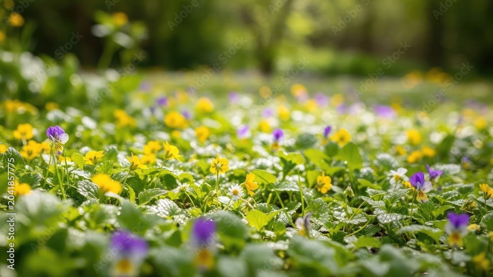 Fototapeta premium Colorful field of spring wildflowers in lush green meadow