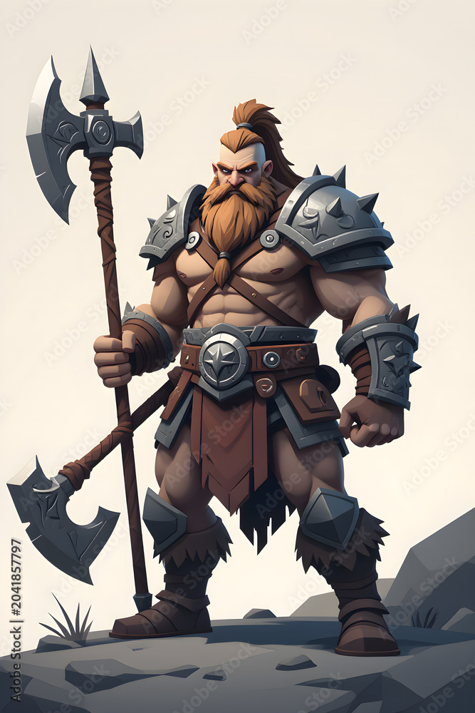 Obraz premium Muscular Viking Warrior with Double Axe on Rocky Terrain
