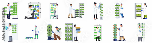Scientists and researchers working in a modern vertical farm environment using advanced hydroponics and smart technology for sustainable indoor agriculture.