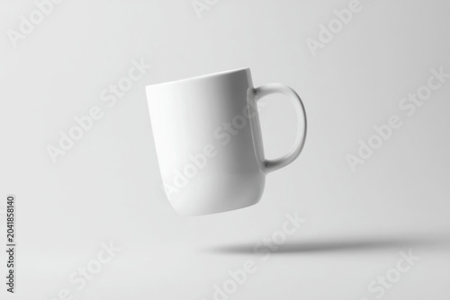 Floating white ceramic mug mockup in clean white studio scene