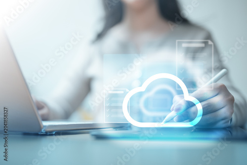 Принти на полотні Professional working with cloud computing technology interface, managing digital files, secure data storage, network infrastructure, and online collaboration