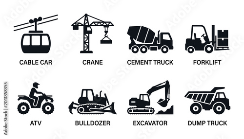 Foto 8 Construction and Transportation Silhouette Icons, Flat, for Industry and Logis