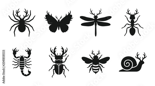 Fotografie 8 Silhouette Icons of Insects with Antlers, Fantasy Creatures, for Nature and Fa
