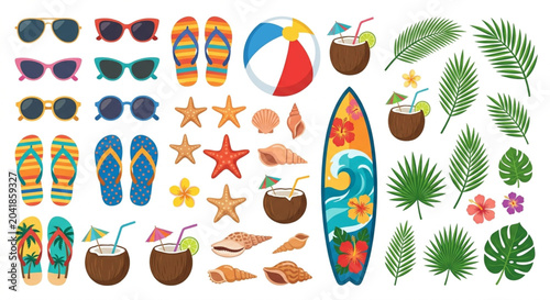 Summer vacation icons, beach symbols, tropical stickers, holiday elements, colorful graphics