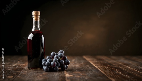 Aged balsamic vinegar bottle with fresh grapes on rustic wood table