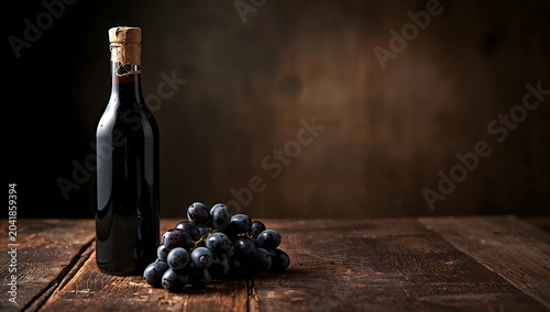 Premium aged balsamic vinegar bottle with fresh grapes on wood table