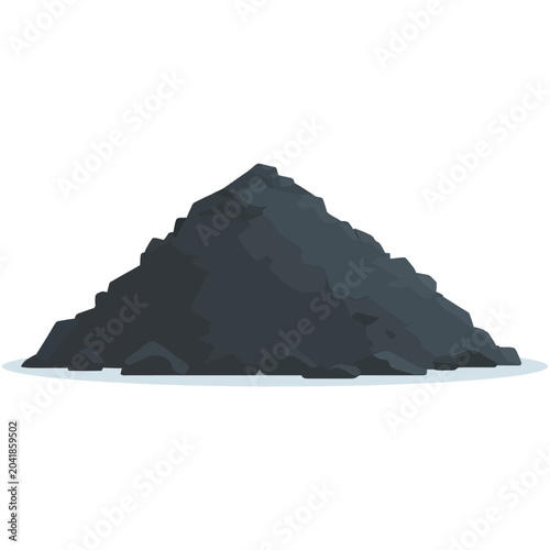 Coal pile icon. Heap of dark irregular rocks stacked on ground surface, scattered particles around structure, mineral material with rough edges, excavation resource, industrial raw extraction theme.