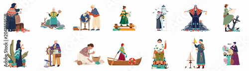 Fotografía Collection of diverse characters with nautical and maritime themes, featuring elderly sailors, explorers, and coastal enthusiasts in a flat vector style