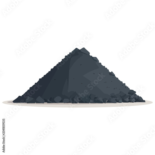 Coal pile icon. Heap of dark irregular rocks stacked on ground surface, scattered particles around structure, mineral material with rough edges, excavation resource, industrial raw extraction theme.
