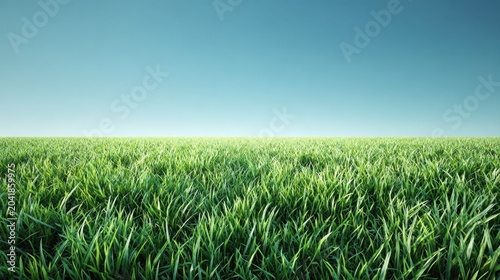 Lush Green Grass Field Under Clear Blue Sky with Horizon Line for Nature and Landscape Themes