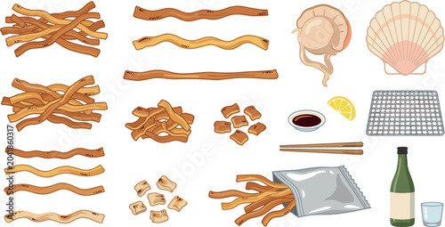 Foto Japanese Dried Scallop Mantle Himo Snack Vector Set Featuring Seafood Jerky Stri