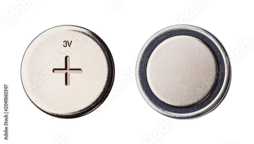 Schilderij op canvas Two round 3V coin cell batteries, one showing positive terminal with cross inden