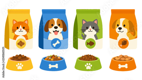Canvastavla Colorful pet food bags and bowls with cats and dogs vector set