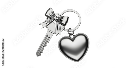 Silver metal house key with heart shaped keychain as PNG element