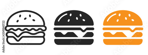 Variations of a hamburger icon in outline, solid black, and orange color. Professional navigation menu icon pack featuring minimalist styles for design, 