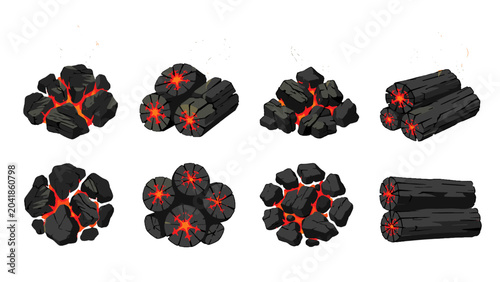 Schilderij op canvas Glowing charcoal and burning wood log set in flat vector style