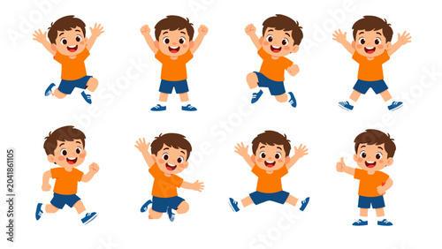 Set of happy cartoon boy characters in playful poses