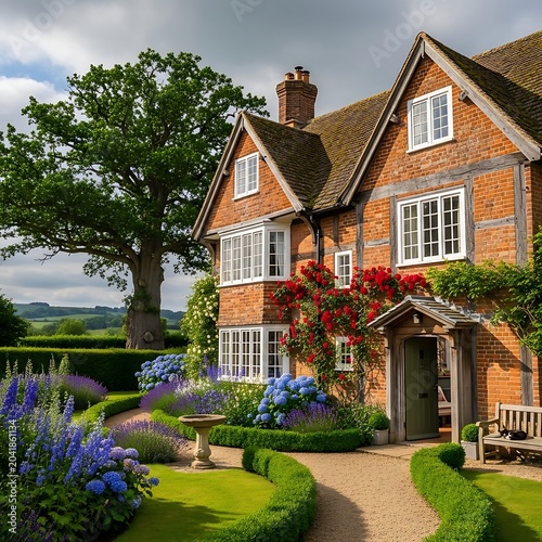 Charming Brick Cottage Surrounded by Colorful Garden in English Countryside