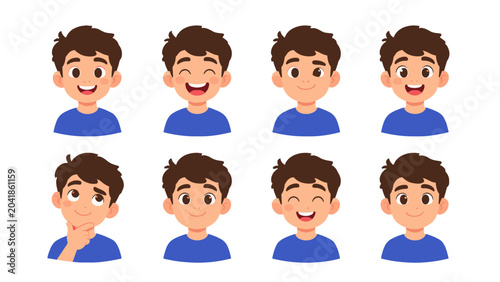 Foto Cute cartoon boy character set with different facial expressions