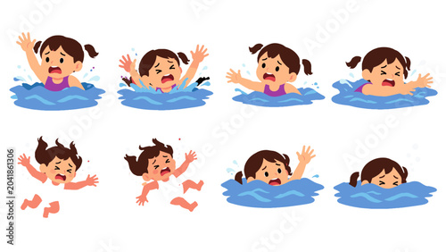 Tableau sur toile Cartoon girl drowning in water with rescue distress poses set