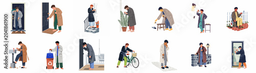 Cuadro en lienzo Set of illustrations depicting a man in a bathrobe and pajamas who has lost his keys or is locked out of his house