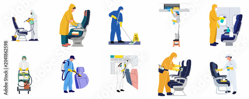 Foto Illustrations of professional cleaning crews in protective gear disinfecting airplane cabins and seats to ensure hygiene and safety