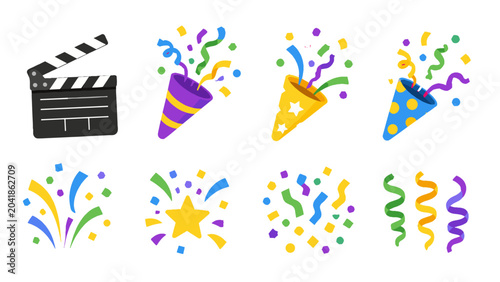Foto Set of colorful party poppers confetti and clapper icons
