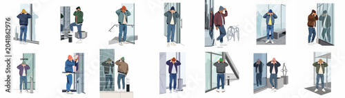 Принти на полотні Flat illustration set of a young man in casual urban attire and beanies, posing in front of glass building reflections in the city
