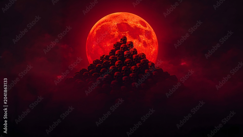 Dramatic pile of skulls against a blood red moon and dark misty sky