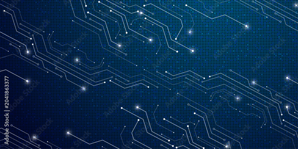 Obraz premium Glowing circuits pulse across a deep blue digital grid. Neon lines trace futuristic pathways with electric spark effects. Abstract tech design evokes innovation and digital connectivity
