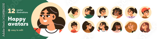 Young people avatars in circles set. Male and female characters, abstract use...