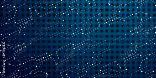 Tableau sur toile Futuristic electronic circuit board pattern with diagonal lines and luminous points on blue dotted background