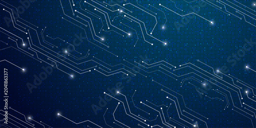 Billede på lærred Glowing circuits pulse across a deep blue digital grid