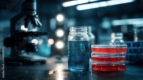 a close up, low angle, front view of two glass jars containing a blue liquid with bubbles, and two stacked petri dishes with a red substance, all resting on a reflective 