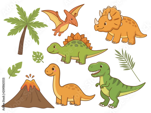 Cute Dinosaur Collection, Cartoon Prehistoric Animals Set, Erupting Volcano, Palm Tree and Tropical Jungle Leaves