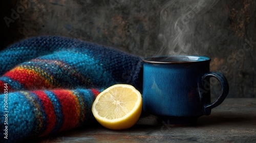 a close up, still life photo shows a steaming cup of tea and a lemon half next to a blue and red striped knitted blanket, all against a dark, textured background. the blue mug holds dark liquid with 