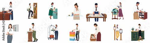 Photography A comprehensive collection of flat vector illustrations depicting professional workers managing administrative tasks, stamping permits, filing documents, and handling travel logistics