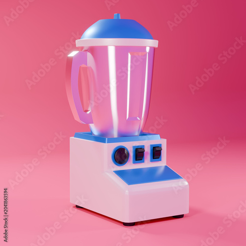 A minimalist 3D rendering of a modern kitchen blender in pastel blue and white, set against a vibrant pink studio background.