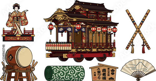 Quadro su tela Traditional Japanese Festival Illustration Set with Geisha, Taiko Drum, Decorati
