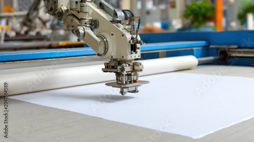 High-Tech Robotic Arm Engaged in Precision Fabric Cutting Process in Modern Manufacturing Environment