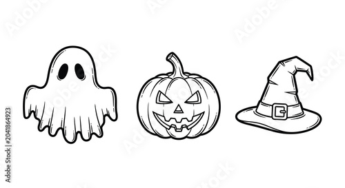 ghost pumpkin witch hat line art black
